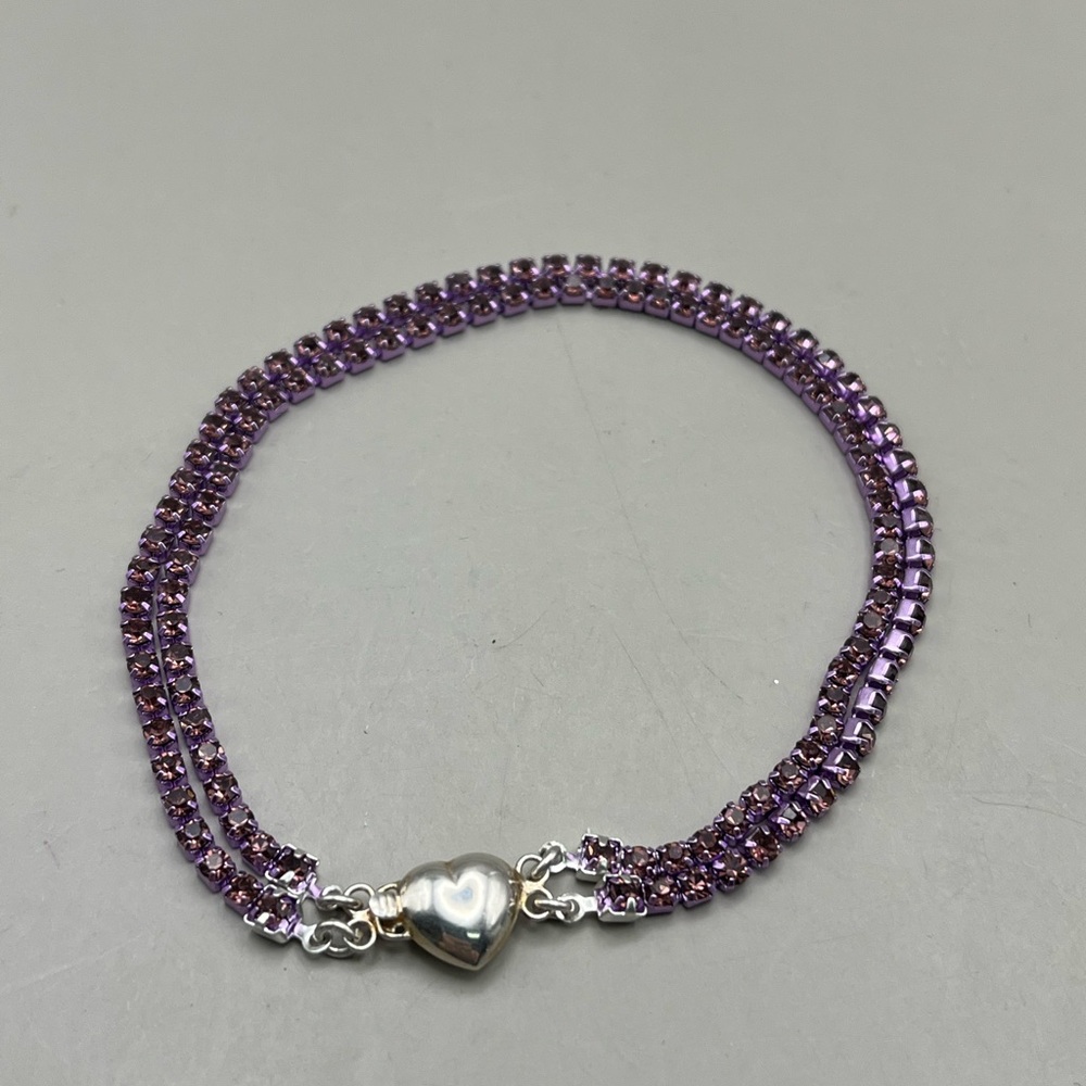 Elegant Handmade Amethyst Crystal Double Bracelet -Sterling Silver Heart Clasp